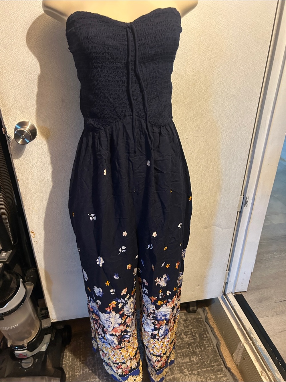 Maurices Navy Strapless Floral Border Jumpsuit